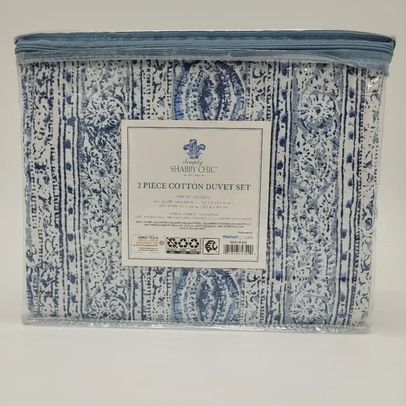 Simply Shabby Chic Duvet Set Indigo Batik Stripe Floral Blue 2 Pc TWIN Size NEW